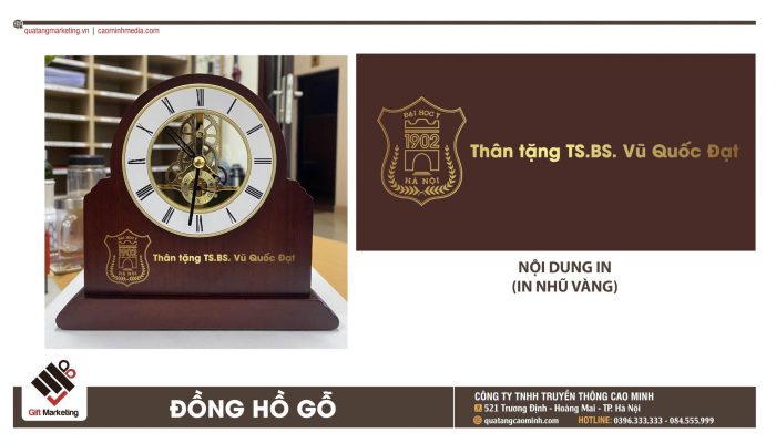 Đồng hồ gỗ in nhũ vàng