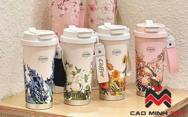 Cốc giữ nhiệt có quai đeo, xách tay in hoa