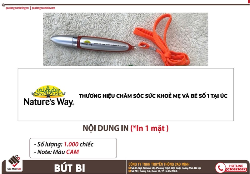 Đơn hàng 1000 bút bi nhựa xi bạc có dây đeo cổ của Cao Minh gift và thương hiệu Nature's Way