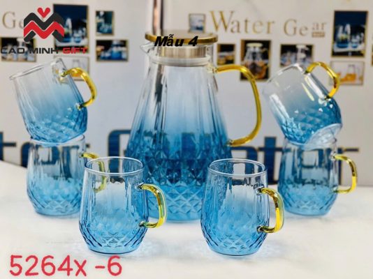 Bộ bình ly thủy tinh màu xanh dương phong cách hiện đại