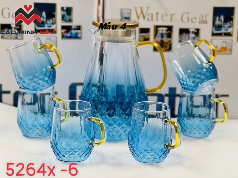 Bộ bình ly thủy tinh màu xanh dương phong cách hiện đại