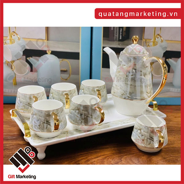 Bộ ấm chén quà tặng cao cấp mạ vàng ánh kim