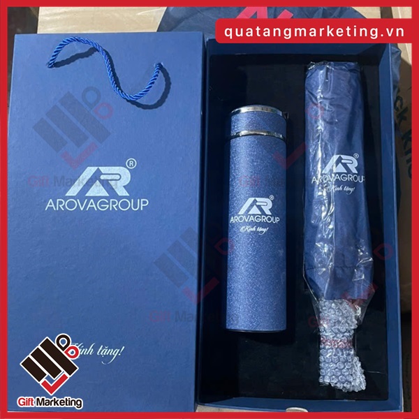 Set ô dù cầm tay + bình giữ nhiệt + bánh trung thu in logo