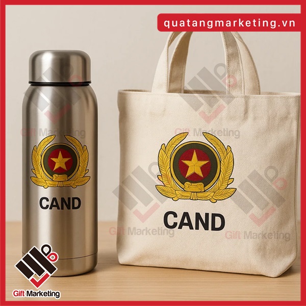 Combo quà tặng đại hội gồm bình giữ nhiệt và túi vải canvas in logo theo yêu cầu