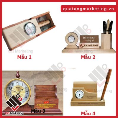 Các mẫu set quà tặng Bút gỗ khắc tên + hộp đồng hồ để bàn