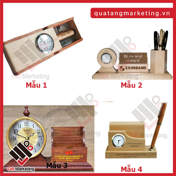 Các mẫu set quà tặng Bút gỗ khắc tên + hộp đồng hồ để bàn