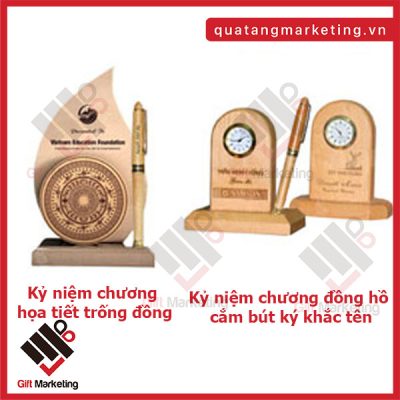 Set quà tặng Kỷ niệm chương gỗ cắm bút + bút gỗ khắc tên