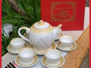 Bộ ấm chén Bát Tràng men kem viền vàng – Thanh lịch và sang trọng