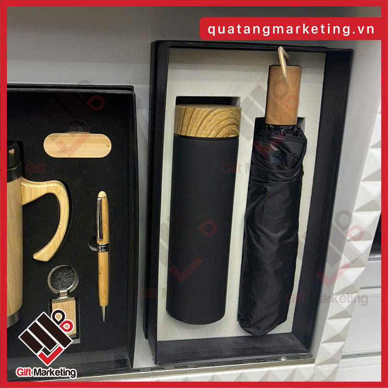 Set quà tặng doanh nghiệp ô gấp ngược + bình giữ nhiệt nắp gỗ LocknLock 2 món