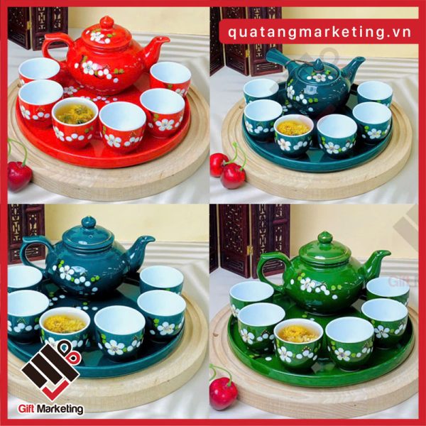 Bộ ấm chén men màu khắc hoa nổi – sang trọng & khác biệt
