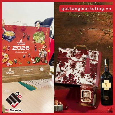 Bộ quà tặng cho nhân viên dịp Tết gồm Lịch để bàn đế gỗ in logo + hộp quà tết hạt dinh dưỡng có vang