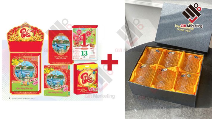 Combo quà tết doanh nghiệp kết hợp lịch bloc và bộ ly thủy tinh in logo