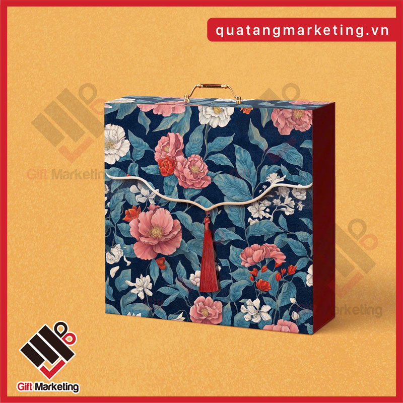 Vỏ hộp quà Tết Gấm Vóc Xanh Navy – Quyền uy & sang trọng