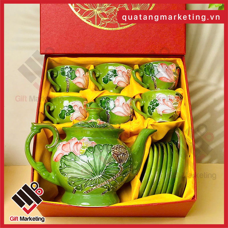 Bộ ấm chén quà tặng màu xanh neon sang trọng, hiện đại họa tiết nổi cực đẹp