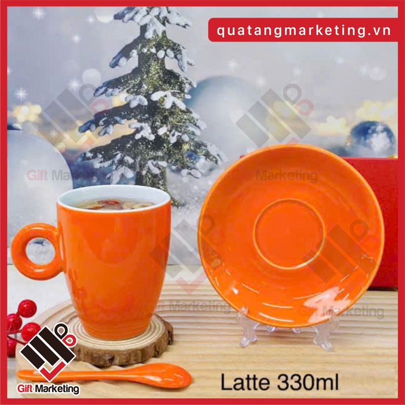 Bộ cốc sứ quà tặng màu cam sáng 3 món năng động, trẻ trung