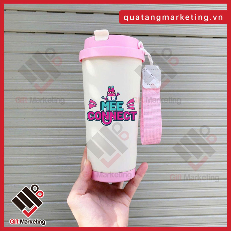Cốc giữ nhiệt quà tặng màu hồng neon trẻ trung, in thông điệp và hình ảnh vui nhộn, năng động theo yêu cầu doanh nghiệp