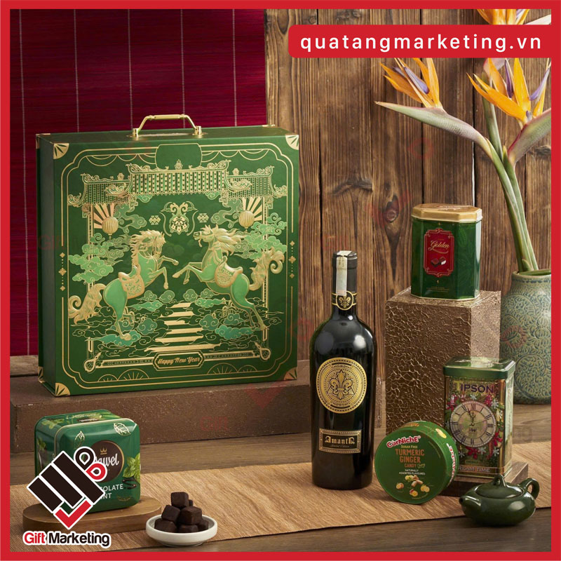 Hộp quà tết doanh nghiệp màu xanh neon - Lộc mã vượng tài