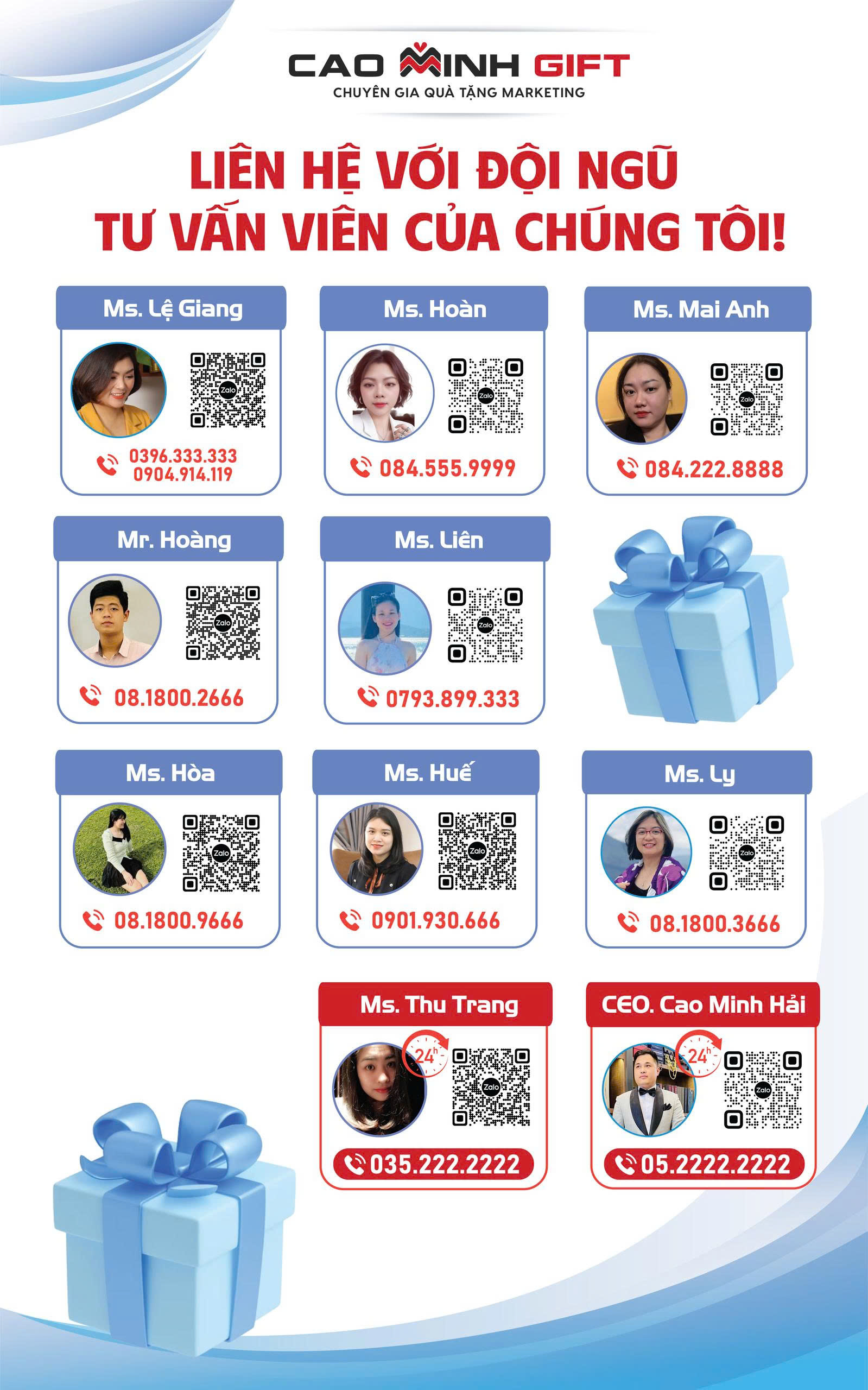 Danh sách hotline các nhân viên tư vấn tận tình nhất Cao Minh Gift