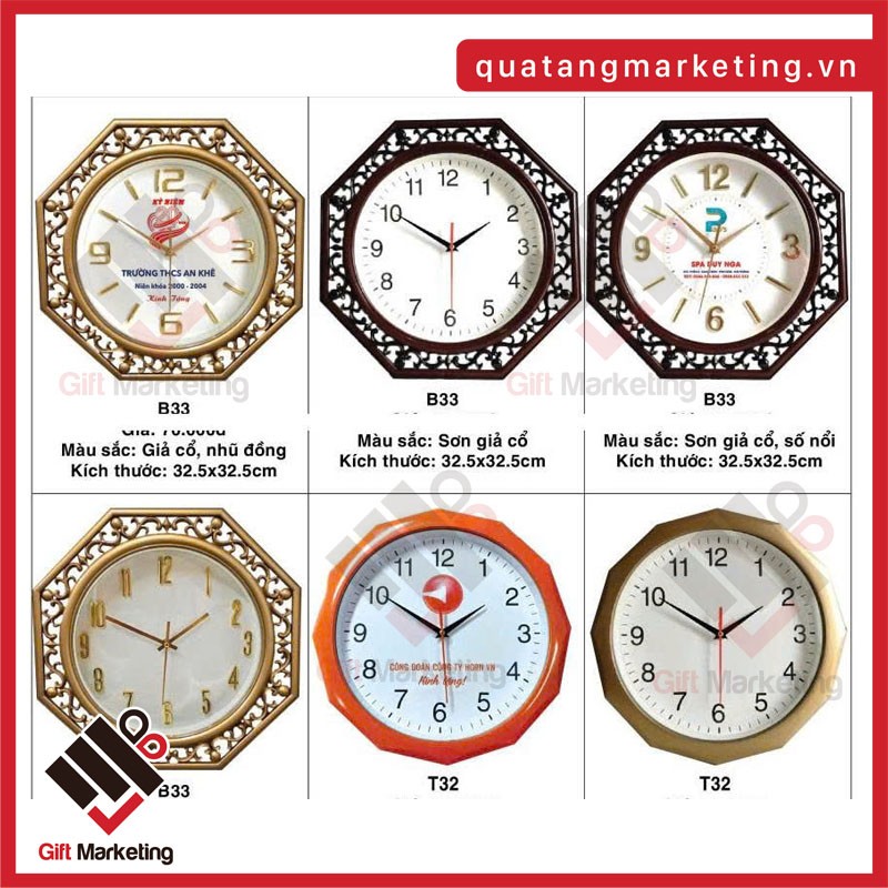 Đồng hồ treo tường quà tặng sơn giả cổ, số nổi, nhũ đồng