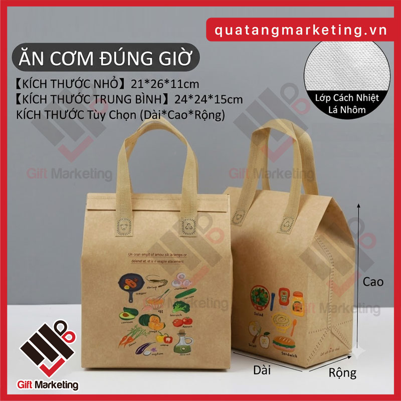 Kích thước mẫu túi giấy bạc cách nhiệt kraft in ấn theo yêu cầu tại Cao Minh Gift