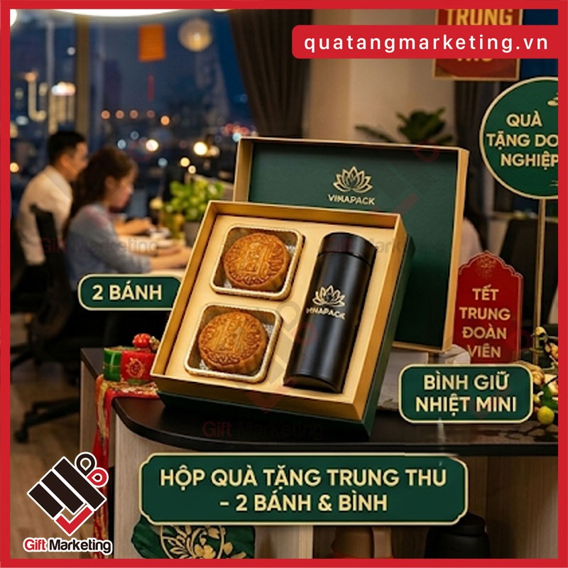 Hộp bánh trung thu 2 bánh + Bình giữ nhiệt in logo.