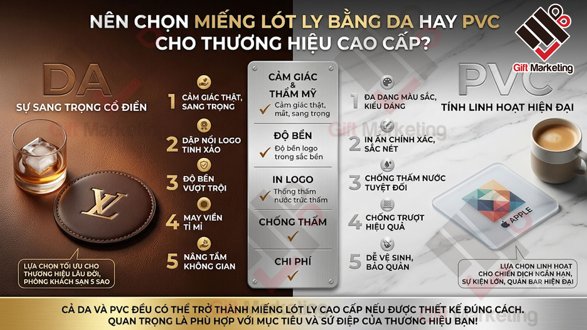 Miếng lót ly bằng da hay PVC là giải pháp được thương hiệu cao cấp lựa chọn?