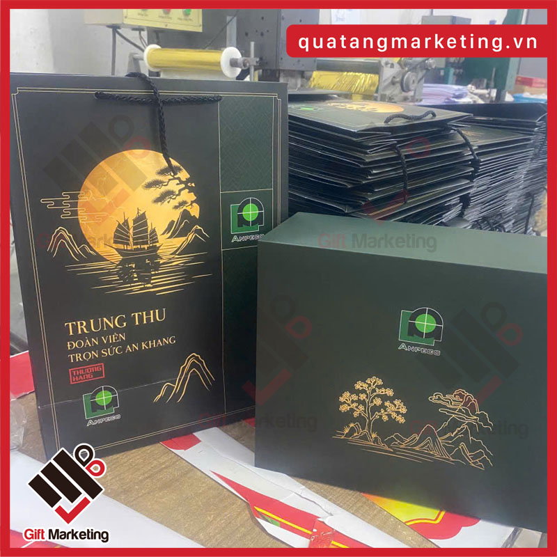 Túi và hộp quà Trung thu thiết kế theo nhận diện Anpeco đồng bộ