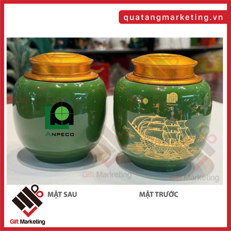Bình gốm sứ đựng trà in logo Anpeco