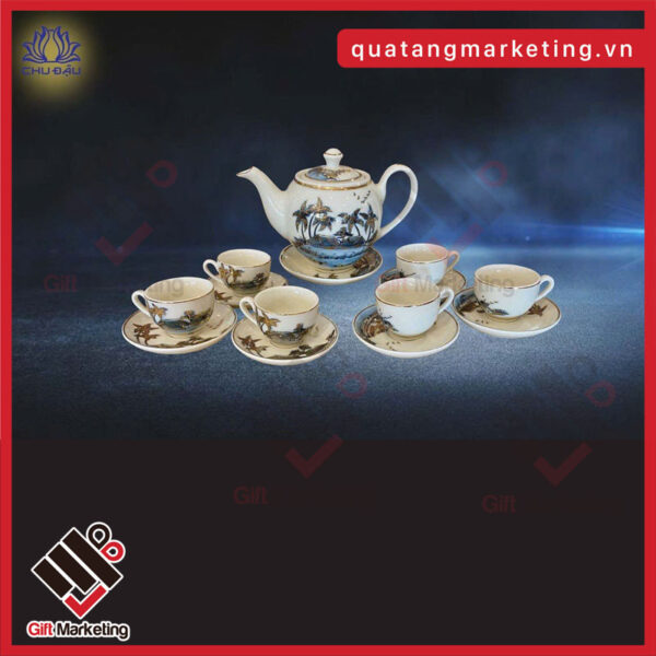 Quà tặng gốm sứ Chu Đậu - Bộ trà gốm đồng quê S2 vẽ vàng