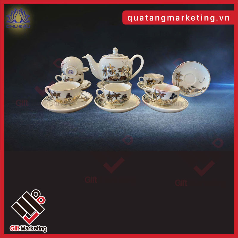 Quà tặng gốm sứ Chu Đậu - Bộ trà gốm đồng quê S3 vẽ vàng