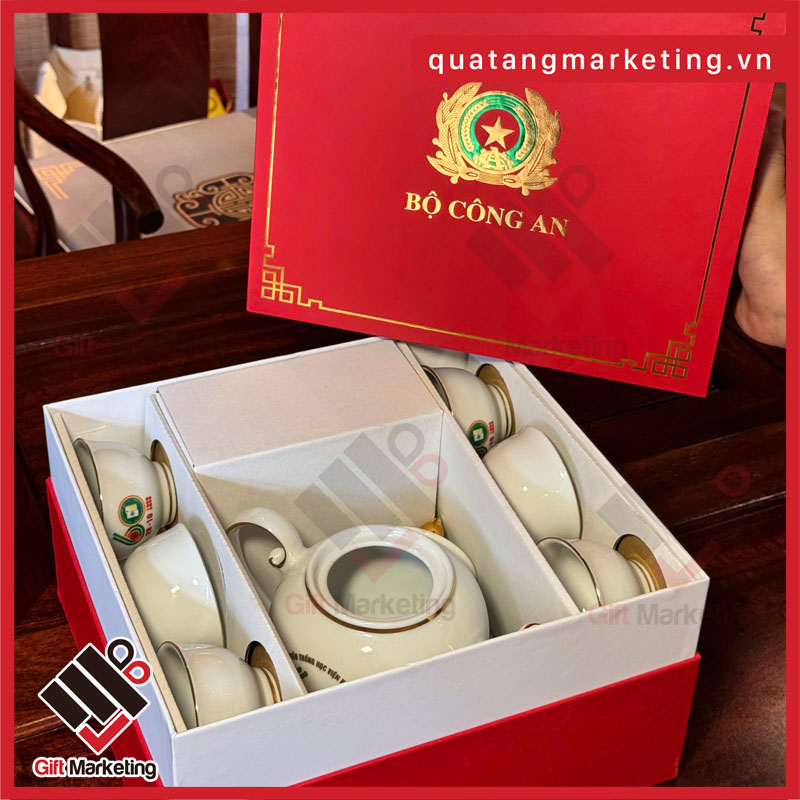 Bộ ấm chén viền vàng in logo theo yêu cầu - Quà tặng ngành công an chất lượng